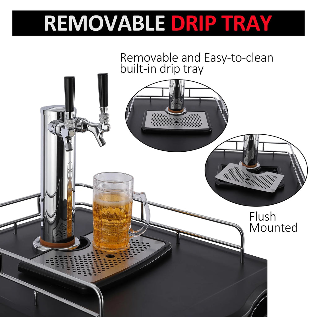 Beer Kegerator, Dual Tap Draft Beer Dispenser, Full Size Stainless Steel Keg Refrigerator With Drip Tray, CO2 Cylinder, 32°F- 50°F Temperature Control, 170L