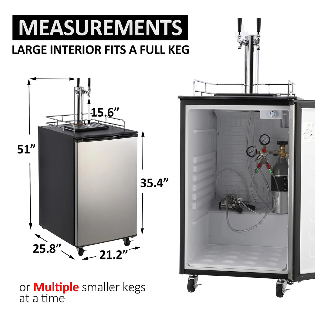 Beer Kegerator, Dual Tap Draft Beer Dispenser, Full Size Stainless Steel Keg Refrigerator With Drip Tray, CO2 Cylinder, 32°F- 50°F Temperature Control, 170L